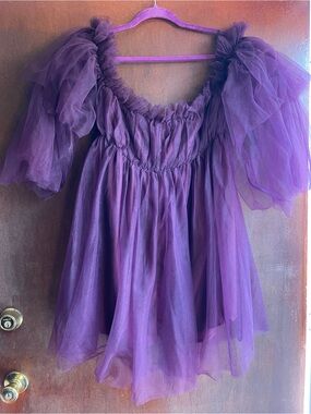 Playful Purple Tulle Puff-Sleeve Womens Party Dress